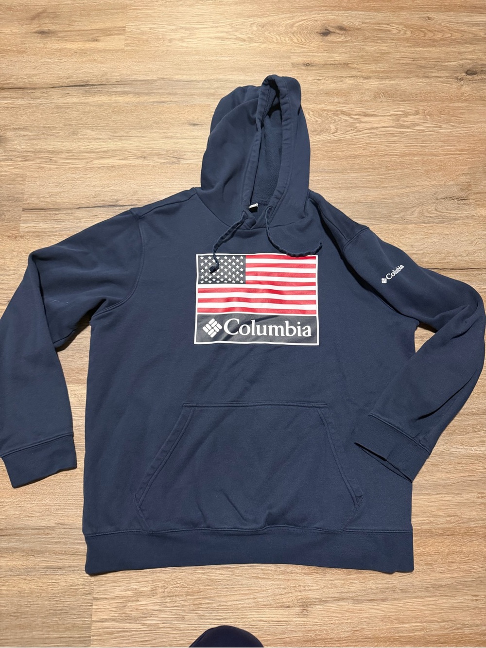 Columbia Navy Hoodie with American Flag Chest Graphic